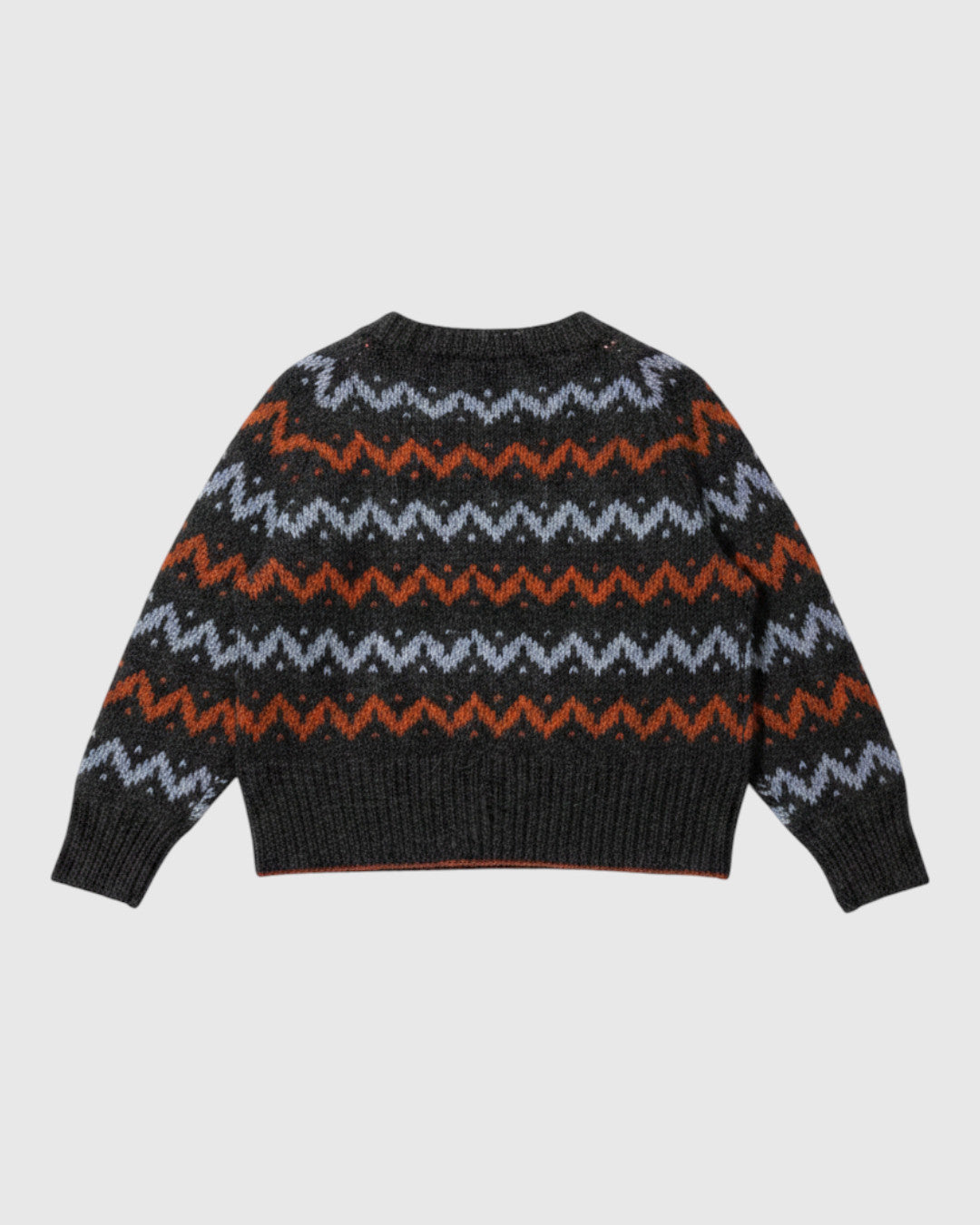 Cárdigan de punto Lalura Design con patrón geométrico en zigzag gris, azul y naranja, de corte relajado y cálido.